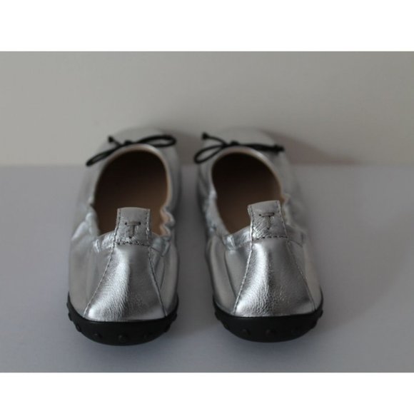 TOD'S Leather Ballerina Flat Silver Size 38/ US 8 Bow - Picture 4 of 10